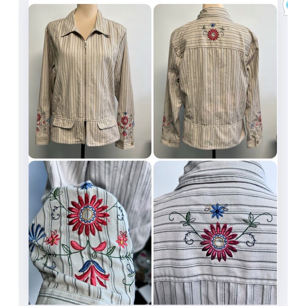 Y2K Boho Jacket Floral Embroidery XL Pinstriped Full Zip Whimsy Hippie Artsy